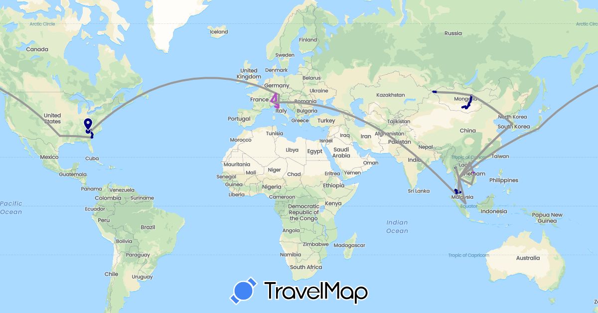 TravelMap itinerary: driving, plane, train in Switzerland, Germany, Italy, Japan, South Korea, Mongolia, Russia, Singapore, Thailand, United States, Vietnam (Asia, Europe, North America)